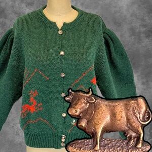VINTAGE German folk art alpaca wool sweater cardigan‎ countryside farm pasture